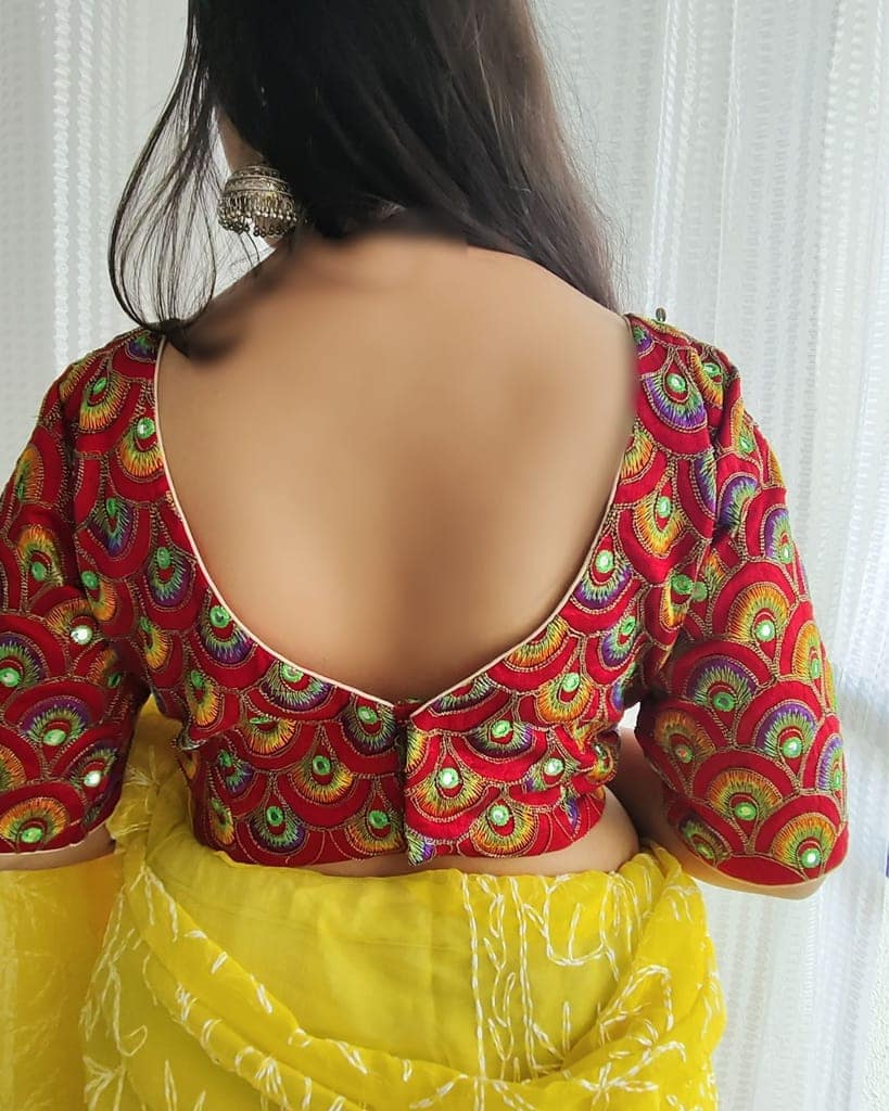 Bangalori Silk Stitched Blouse Red Color Heavy Embroidery with Mirror work-9464 view 4