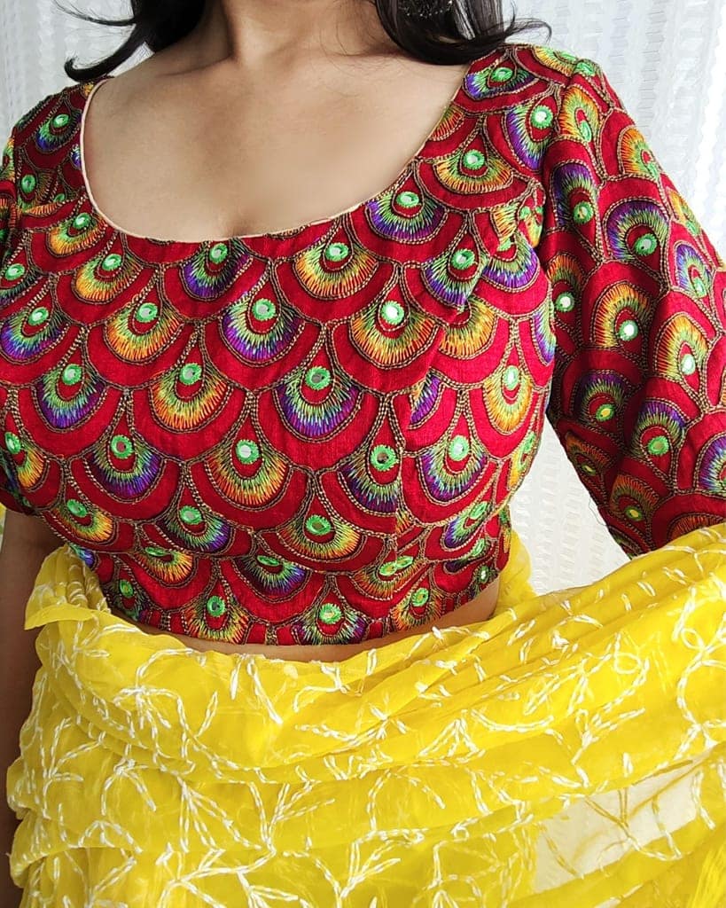 Bangalori Silk Stitched Blouse Red Color Heavy Embroidery with Mirror work-9464 view 5