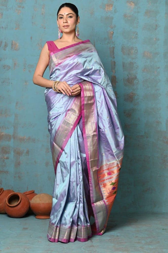 Tyohaar ~ Exclusive! Handloom Pure Silk Paithani in with Most Traditional Double Pallu ~ Dual Tone Sky Blue Pink view 2