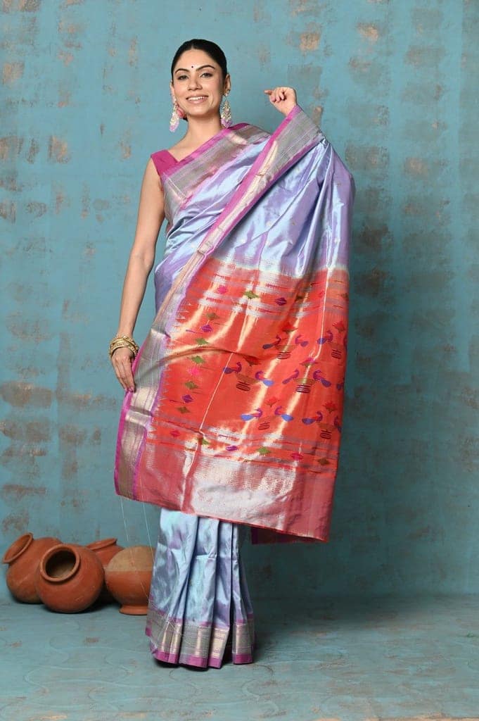 Tyohaar ~ Exclusive! Handloom Pure Silk Paithani in with Most Traditional Double Pallu ~ Dual Tone Sky Blue Pink view 3