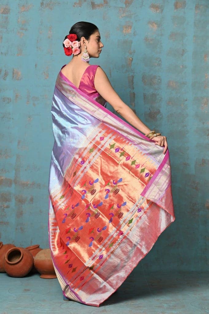 Tyohaar ~ Exclusive! Handloom Pure Silk Paithani in with Most Traditional Double Pallu ~ Dual Tone Sky Blue Pink view 4
