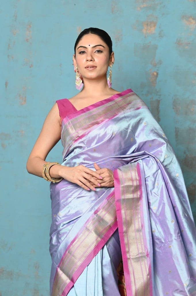 Tyohaar ~ Exclusive! Handloom Pure Silk Paithani in with Most Traditional Double Pallu ~ Dual Tone Sky Blue Pink view 5