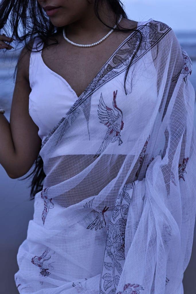 Kaisori Bagh Kingfisher Kota blockprinted silk cotton saree view 10