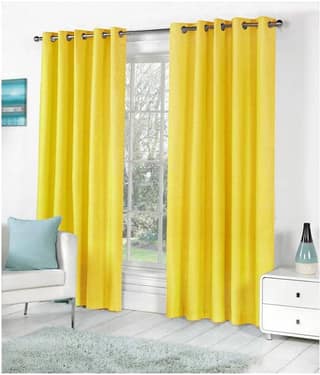 Panipat Textile Hub Floral Semi-Transparent Eyelet Door Curtain 7 ft Pack of 2 -Yellow