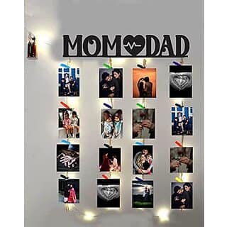 Khush Its Amazing Home Decor Wood Mom Dad With LED Light Hanging Photo Display, DIY Picture Photo Frame Collage Set Includes Multi colour Clips