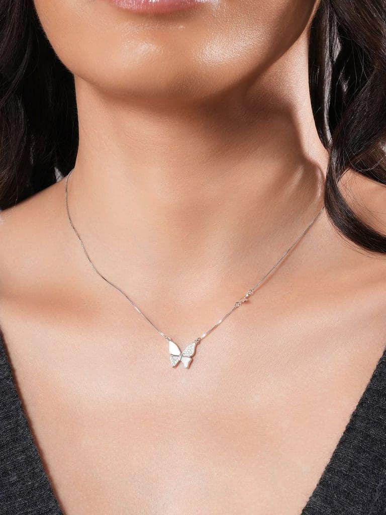 925 Sterling Silver CZ Studded Butterfly Pendant Minimal Necklace & Chain view 2