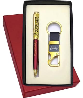UJJi Happy Birthday Printed Antique Design Maroon Color Brass Body Pen & Key Ring