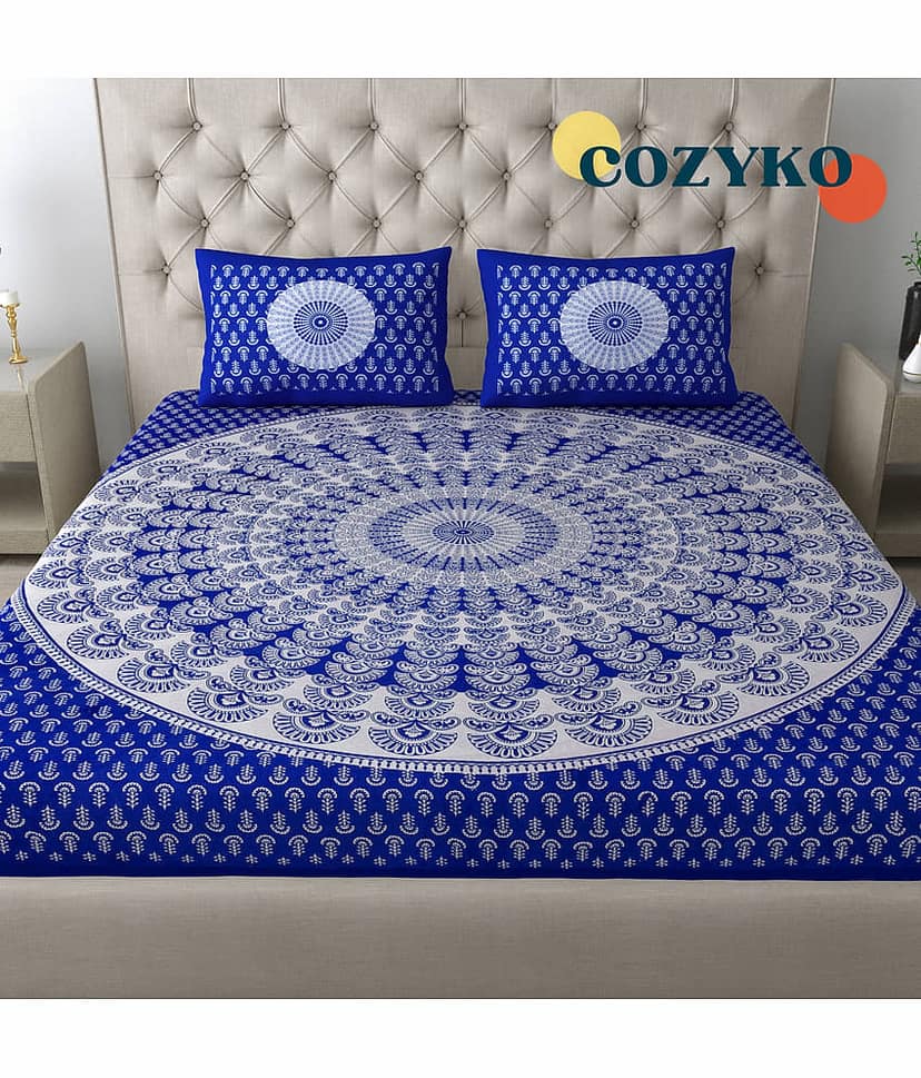 COZYKO Cotton 1 Double Bedsheet with 2 Pillow Covers ( Blue )