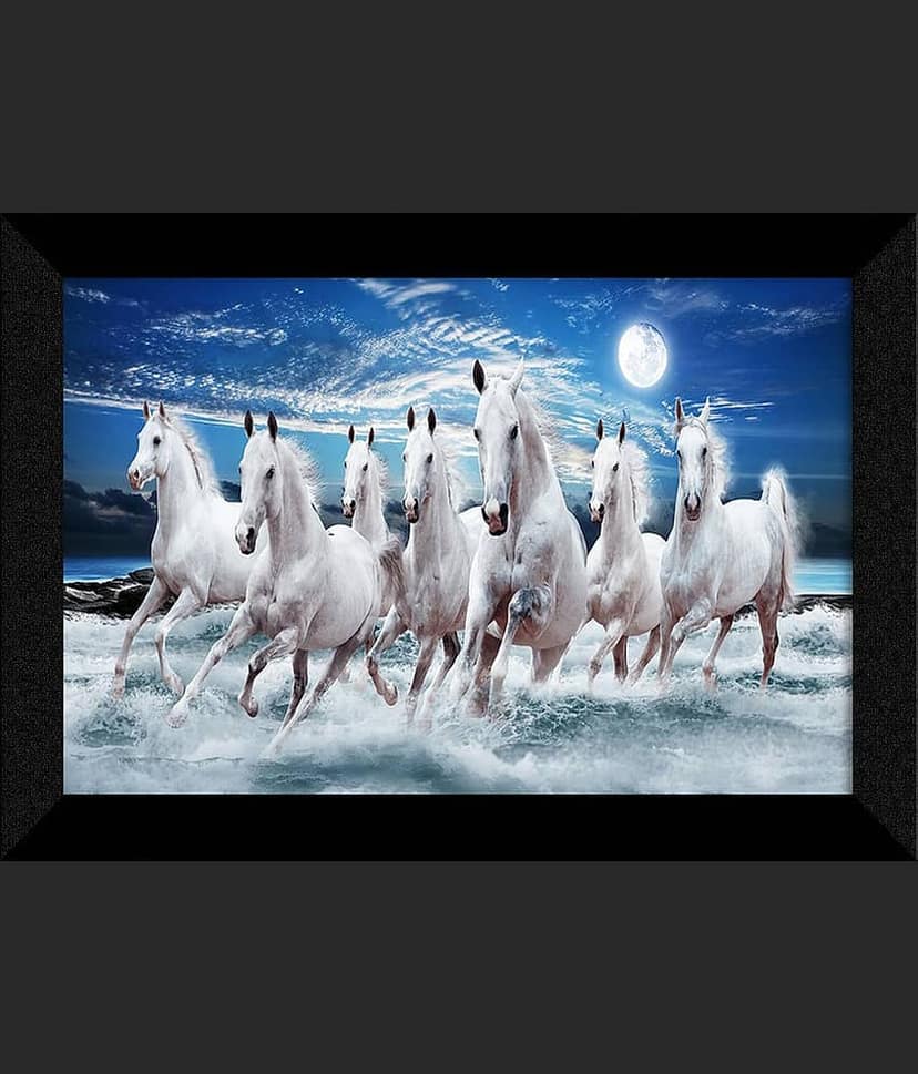SNDArt Vastu 7 Lucky Running Horses Painting With Frame For Living Room Gift Items 11 x 14 inch