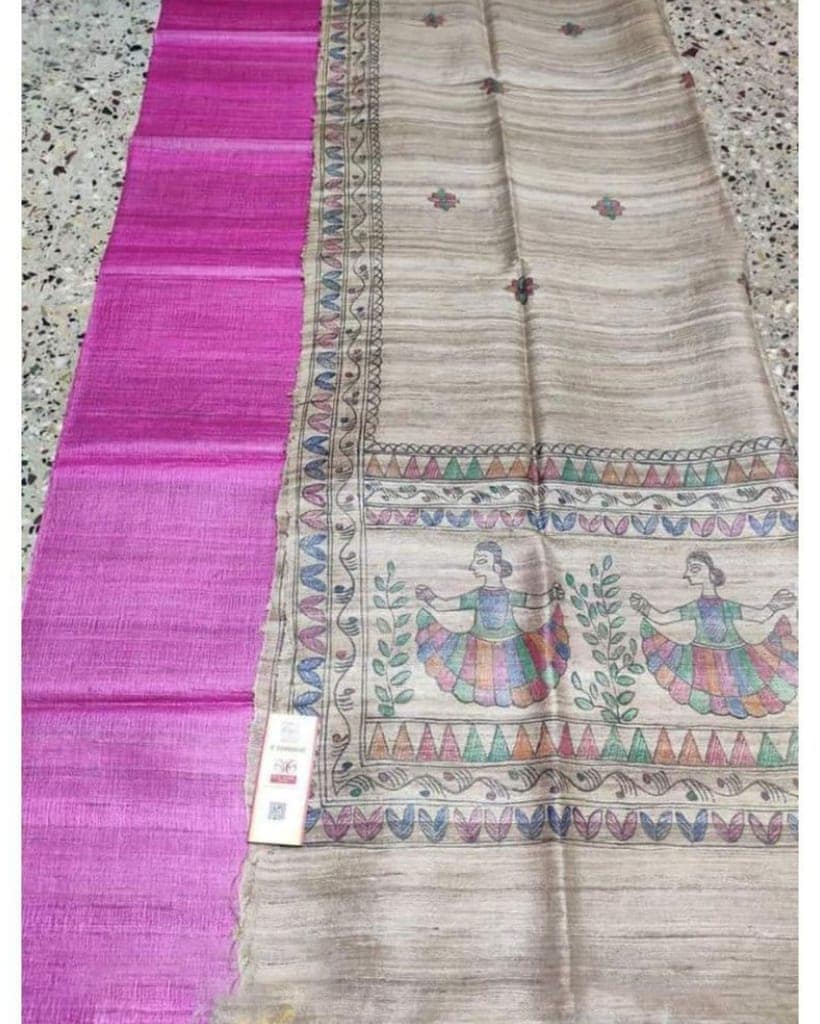 SSilkmark Certified Tussar Pastel Brown Silk Madhubani Dupatta and Plain Tussar Violet Silk Top (Tussar by Tussar)-1371 view 2