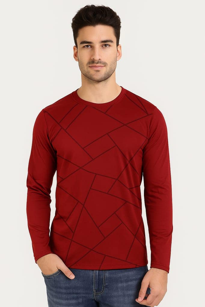 Men's Maroon Full Sleeve T-Shirt with Geometric Print | Stylish Casual Wear for Daily & Party Use view 2