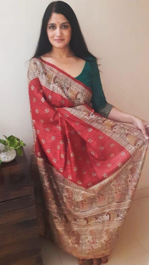 Silkmark Certified Tussar Silk Handloom Saree Handblock Print Medium Carmine Red Color with running blouse-5768 view 2