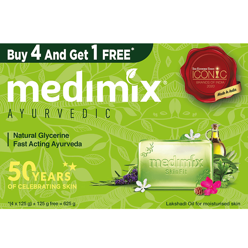 Medimix Natural Glycerine Ayurvedic Bathing Bar, 125 G - Buy 4 Get 1 Free