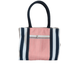Red and White Striped Canvas Bag with Black Handles