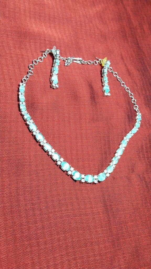 "Stunning Aquamarine and Diamond Necklace and Earring Set in Sterling Silver" view 2