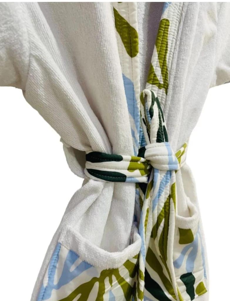 Women's White Cotton Short Sleeve Bathrobe with Blue and Green Trim view 3