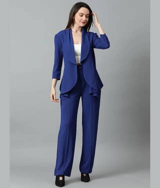 kotty Women Solid Blazer With Trousers Co-Ord Set ( Blue )