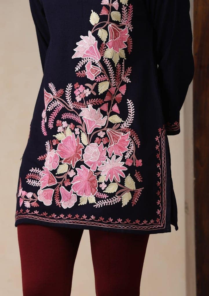 HOC Crafts Aari Embroidered Woollen Solid Women's Short Kurta - Navy Blue view 3