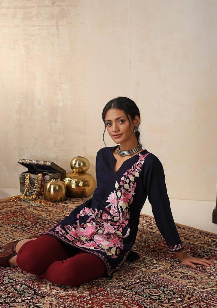 HOC Crafts Aari Embroidered Woollen Solid Women's Short Kurta - Navy Blue view 5