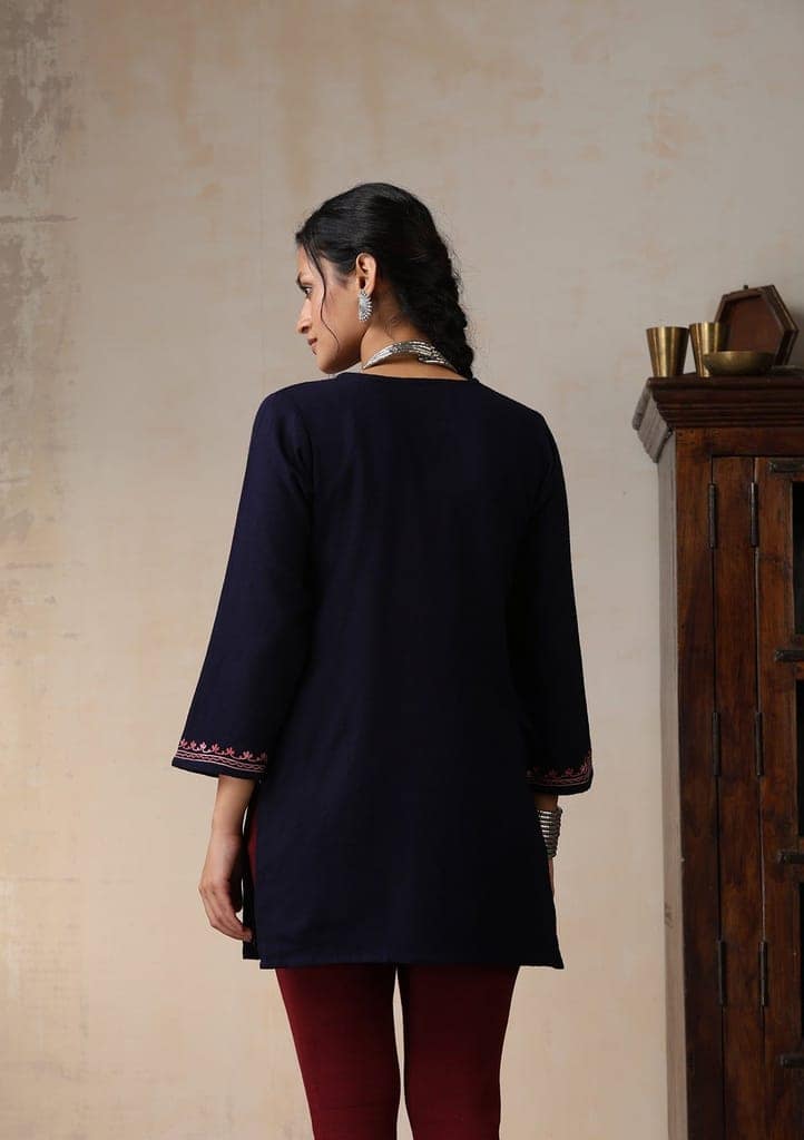 HOC Crafts Aari Embroidered Woollen Solid Women's Short Kurta - Navy Blue view 6
