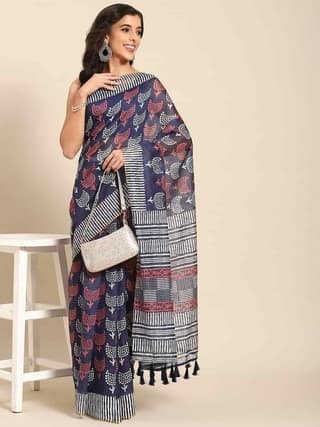 Women's Pure Cotton block print saree with unstiched blouse piece