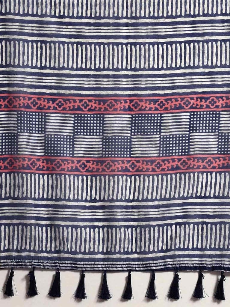 Women's Pure Cotton block print saree with unstiched blouse piece view 4