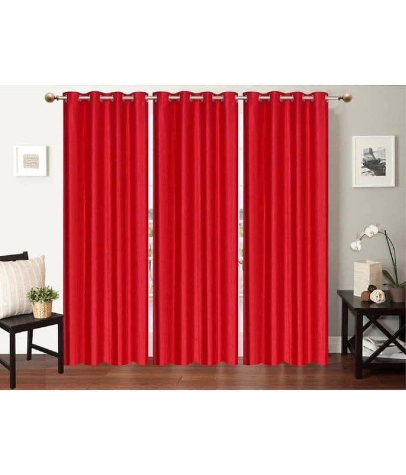 N2C Home Solid Semi-Transparent Eyelet Curtain 9 ft ( Pack of 3 ) - Red