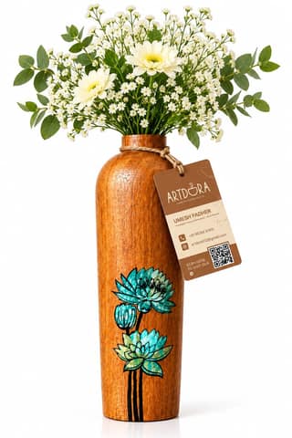 Artdora Handcrafted Mango Wood Decorative Vase | Hand-Painted Floral Wooden Flower Vase | Tabletop Showpiece for Home, Office & Gifting