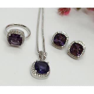 Premium Quality AAA CZ Amethyst Stones Pendant Stuyds Earrings Adjustable ring with Chain Set
