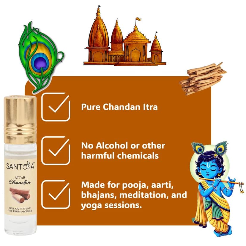 Santosa Chandan Itra Sandal Attar | Premium Alcohol-Free Long-Lasting Roll-On Ittar with Natural Sandalwood Oil | Ideal for Pooja, Meditation, Rituals, and Spiritual Practices (6 ml (Pack of 2)) view 3