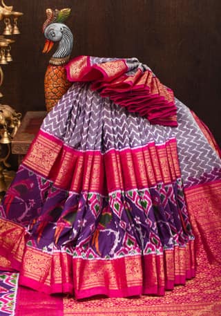 Purple dual tone Ikkat Patola Kanjivaram Fusion Silk Saree with Parakeet Weave |SILK MARK CERTIFIED