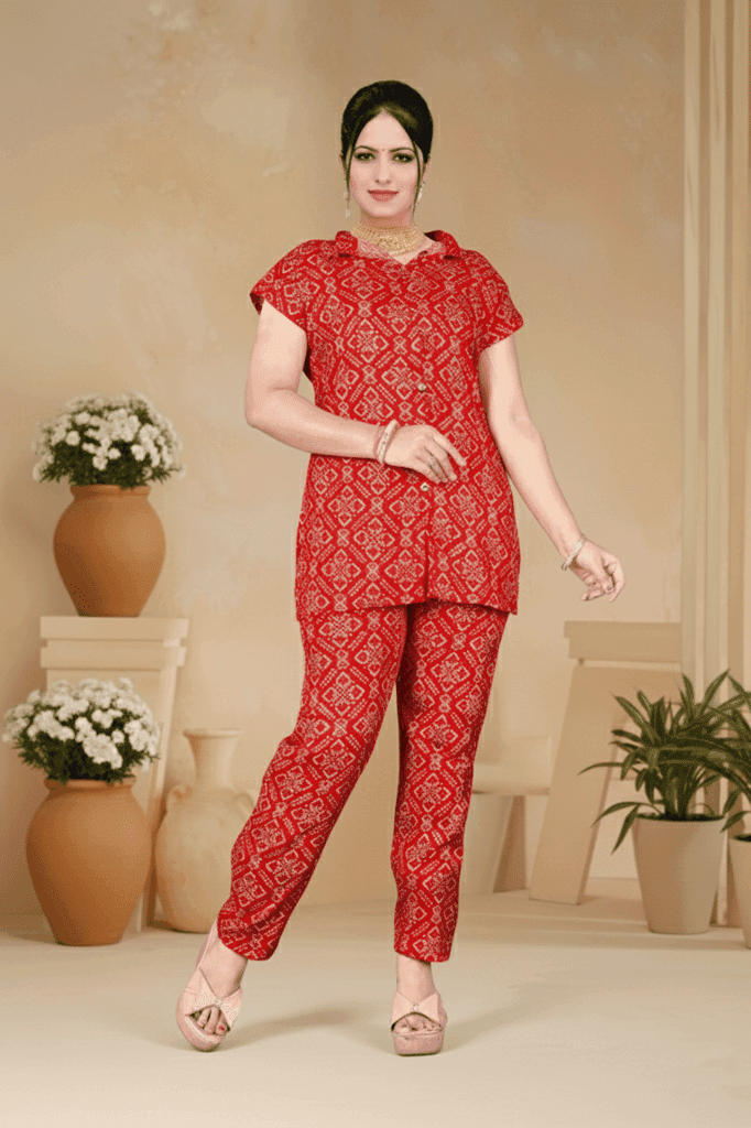 PickCell Delta Fabric Chundai Coord Set for Women | Red view 2