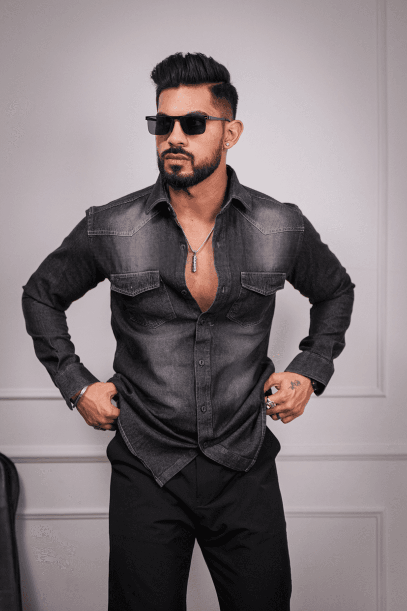 Black Denim Double Pocket Full Sleeve Shirt