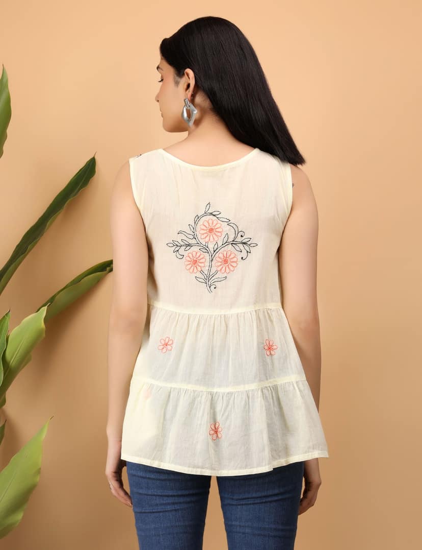 Shwet Women Yellow Chikankari Sleevless Tier Top view 3