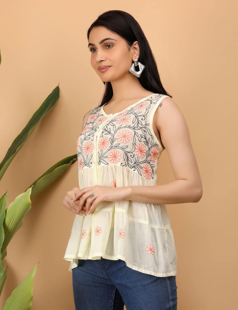 Shwet Women Yellow Chikankari Sleevless Tier Top view 4