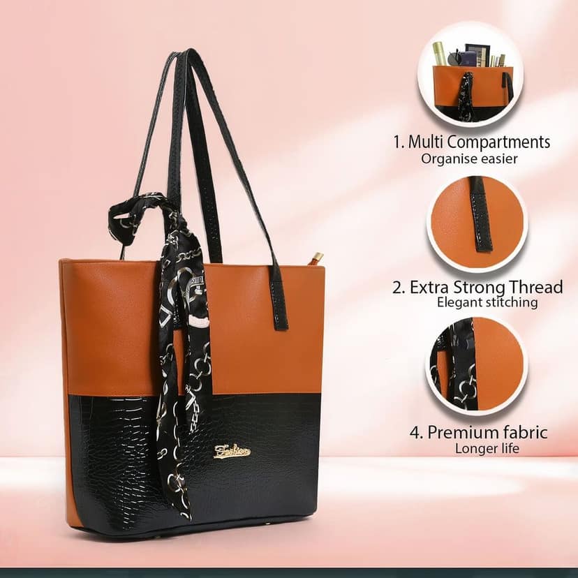 Elegant Two-Tone Handbag with Scarf Accent view 4