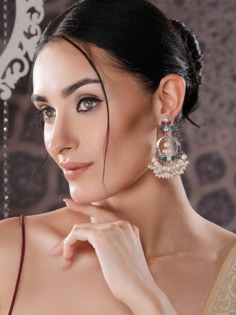 Silver Oxidised Plated Red & Green AD Studded Handcrafted Chandbali Dropdown Earrings view 2
