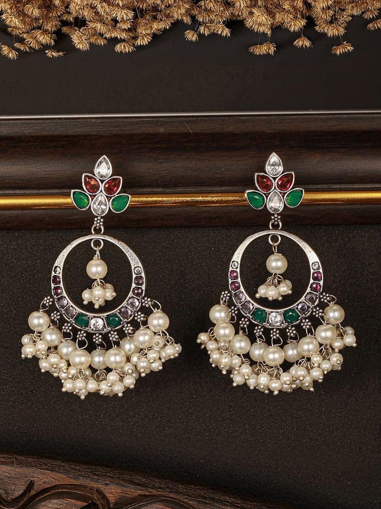 Silver Oxidised Plated Red & Green AD Studded Handcrafted Chandbali Dropdown Earrings view 3