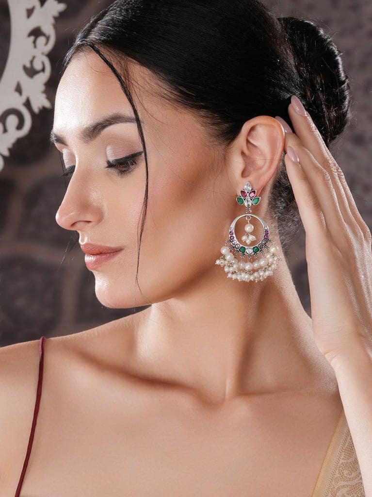 Silver Oxidised Plated Red & Green AD Studded Handcrafted Chandbali Dropdown Earrings view 4
