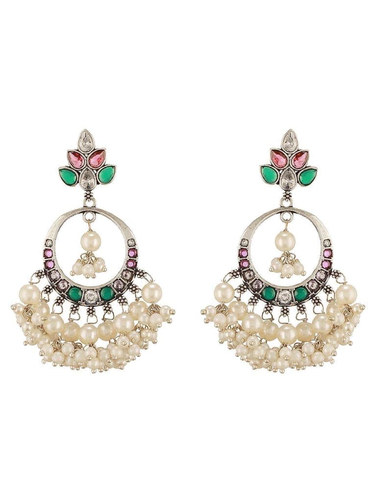 Silver Oxidised Plated Red & Green AD Studded Handcrafted Chandbali Dropdown Earrings view 5