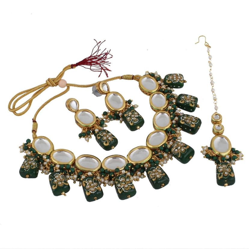 LUCKY JEWELLERY Back Meenakari 18k Gold Plated Green Color Tika Earring Combo Uncut Big Faux Kundan Choker Necklace set view 4
