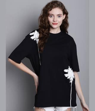 DOOR74 Women Cotton Printed Oversized Fit Round Neck T-Shirt ( Black )