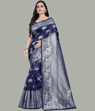 GARIYA Art Silk Embellished Saree With Unstitched Blouse Piece ( Navy Blue )