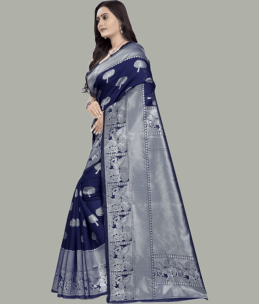 GARIYA Art Silk Embellished Saree With Unstitched Blouse Piece ( Navy Blue ) view 2