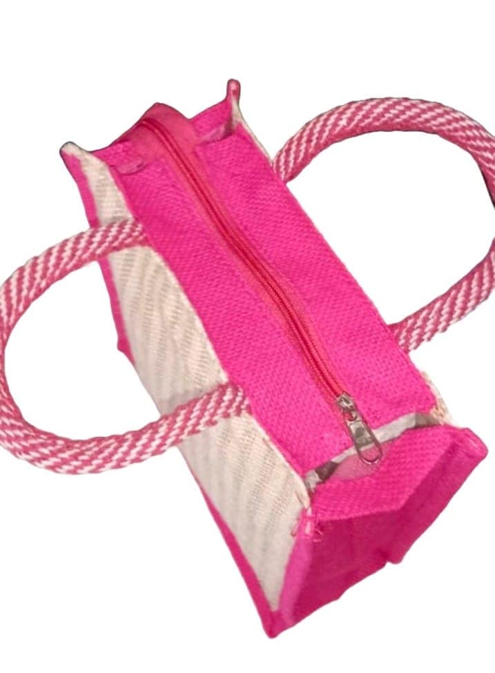 Eco-Friendly Jute Go Green Tote Bag with Hot Pink Trim & Zipper Closure view 3