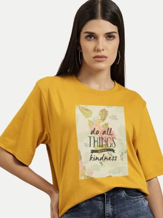 Women Mustard Tee With A Printed Slogan
