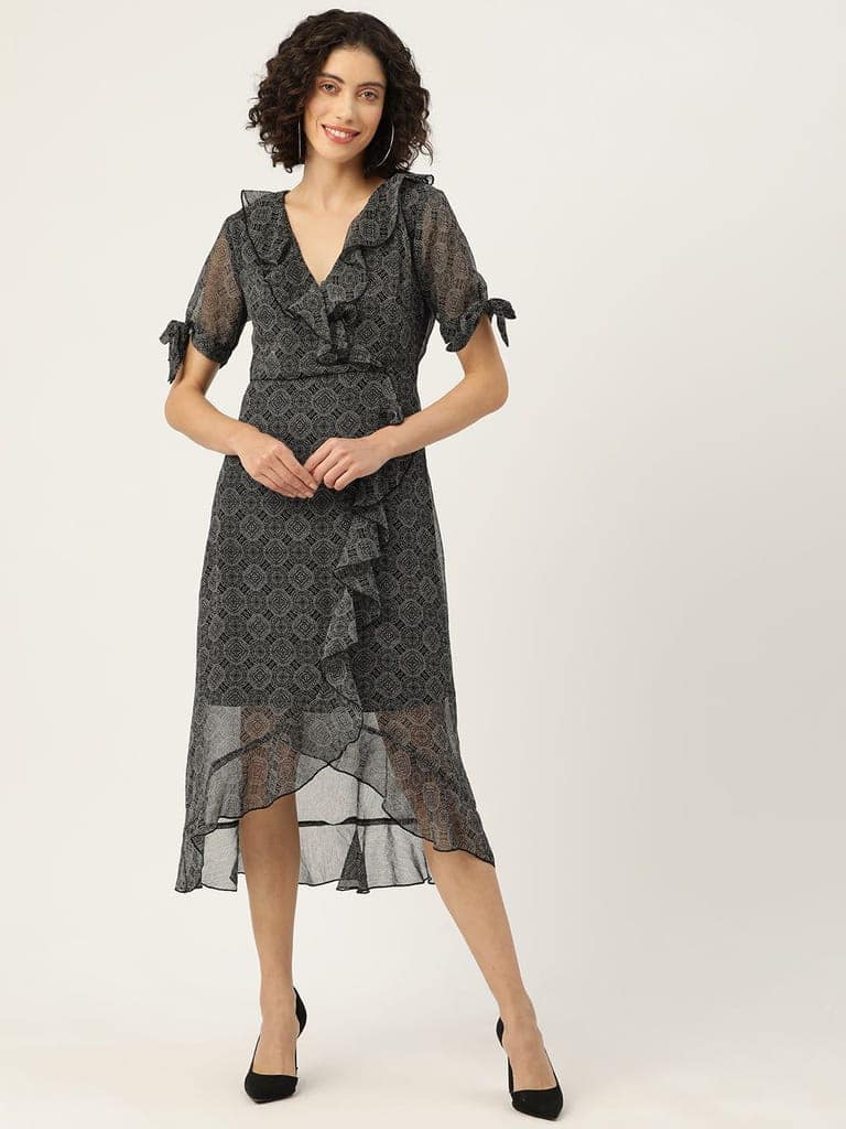 Ethnic Motifs Printed Puff Sleeve Ruffled Chiffon A-Line Midi Dress