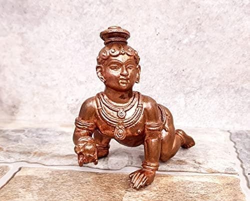 Searchers Paradise - Copper Idols ,4.1 inches, Copper Handmade Bal Krishna with Laddu 860 Grams, Patina Antique Finish, Pack of 1 Piece