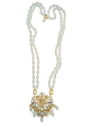 Gold Plated Traditional Long Necklace Set With Pearl And Stones For Women