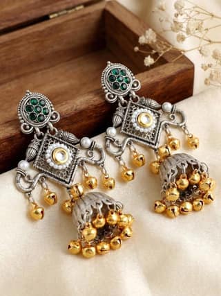 LUCKY JEWELLERY Traditional Dual-Tone Oxidized Earrings with Green Stone (542-KEO-17914-G)